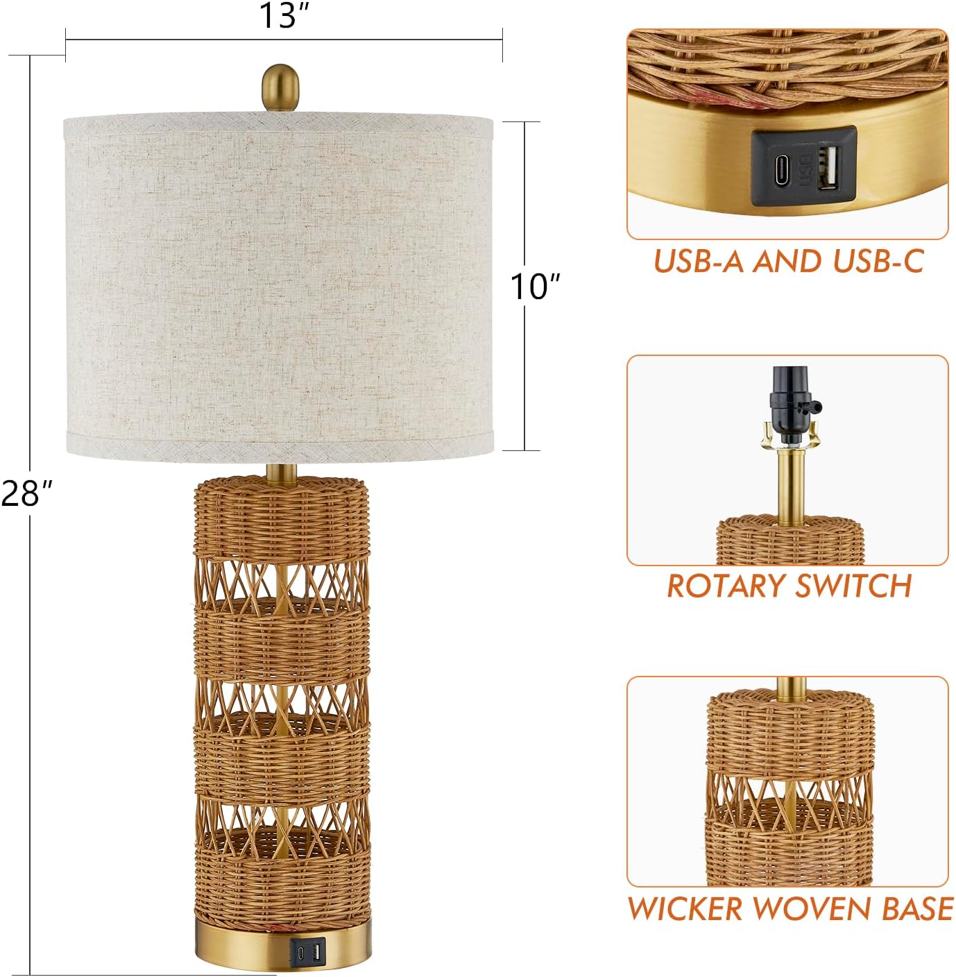 Natural Solid-Color Rattan Table Lamps Set of 2-28" Rustic Bedside Lamps for Nightstand,bedrooms, Living Rooms, or entryways & Rotary Switch,Bulbs in