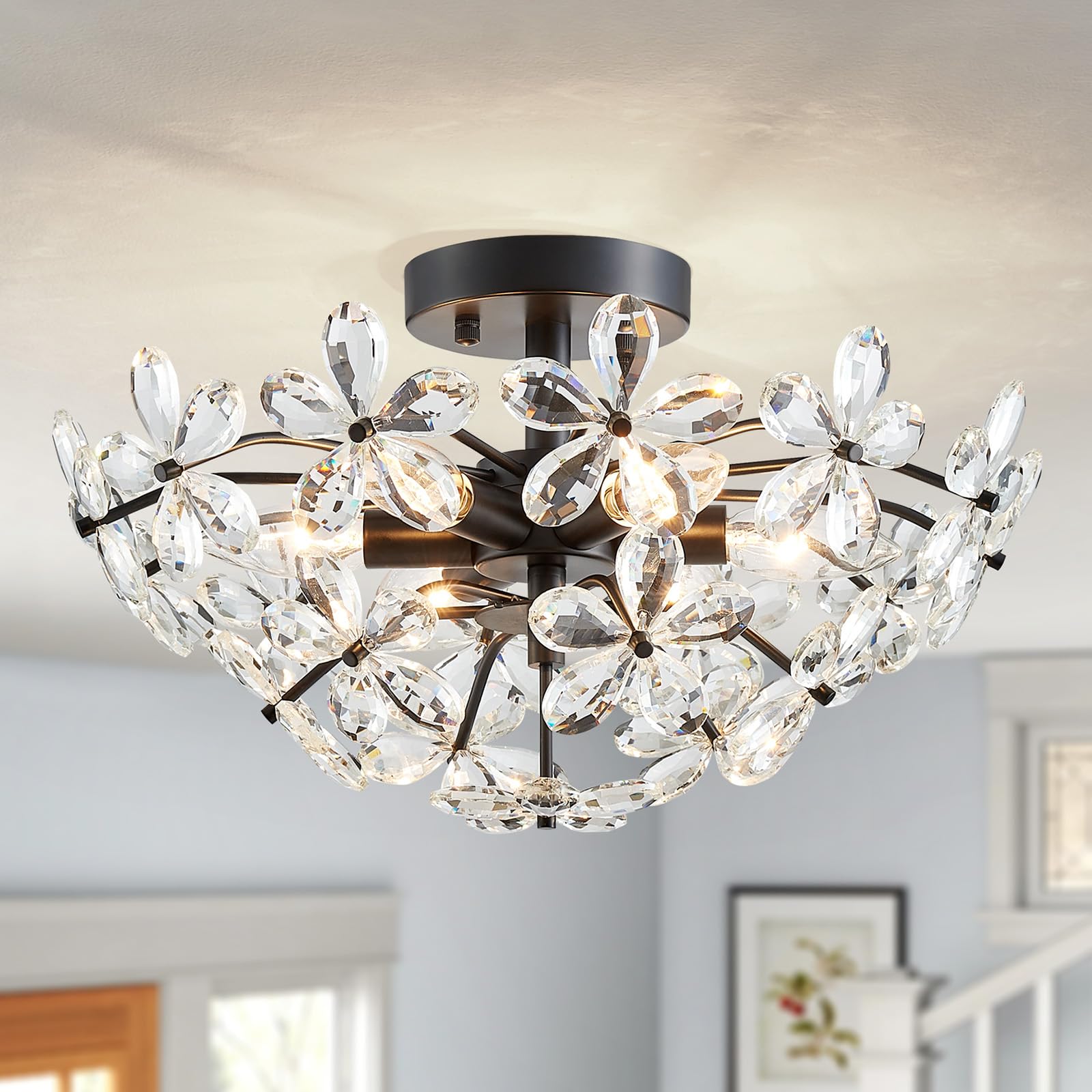 WUZUPS Crystal Chandelier 10-Light Pendant Ceiling Light Modern Lighting Fixture for Dining Room Hallway Bedroom Kitchen Bathroom, H 27.6" x W 22.8", E12 Base, Black