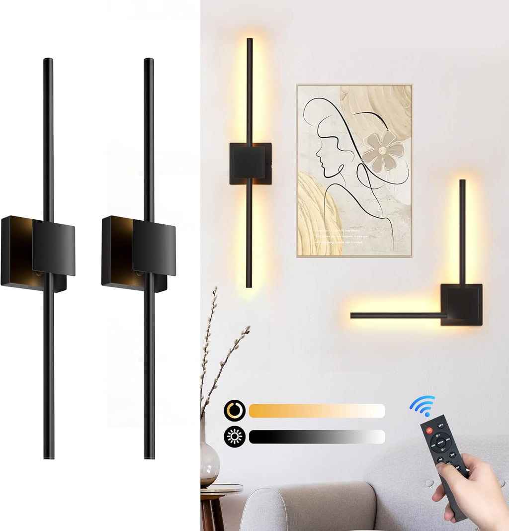 Battery Operated Wall Sconces Set of 2,  12000mAh Rotatable Picture Lights with Remote Control, Dimmable 3000-6500K LED Rechargeable Wall Lights for Living Room Bedroom Mirror, 28.3In