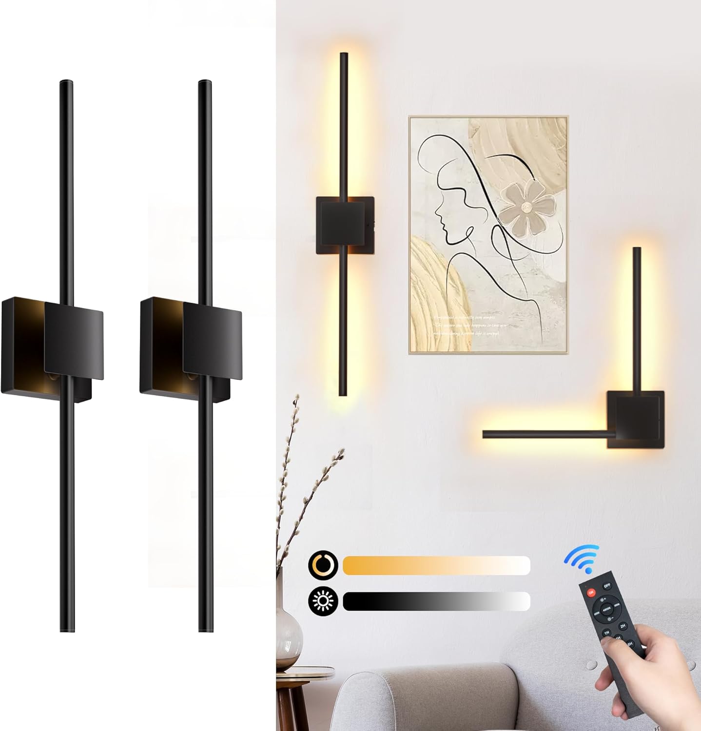 Battery Operated Wall Sconces Set of 2,  12000mAh Rotatable Picture Lights with Remote Control, Dimmable 3000-6500K LED Rechargeable Wall Lights for Living Room Bedroom Mirror, 28.3In