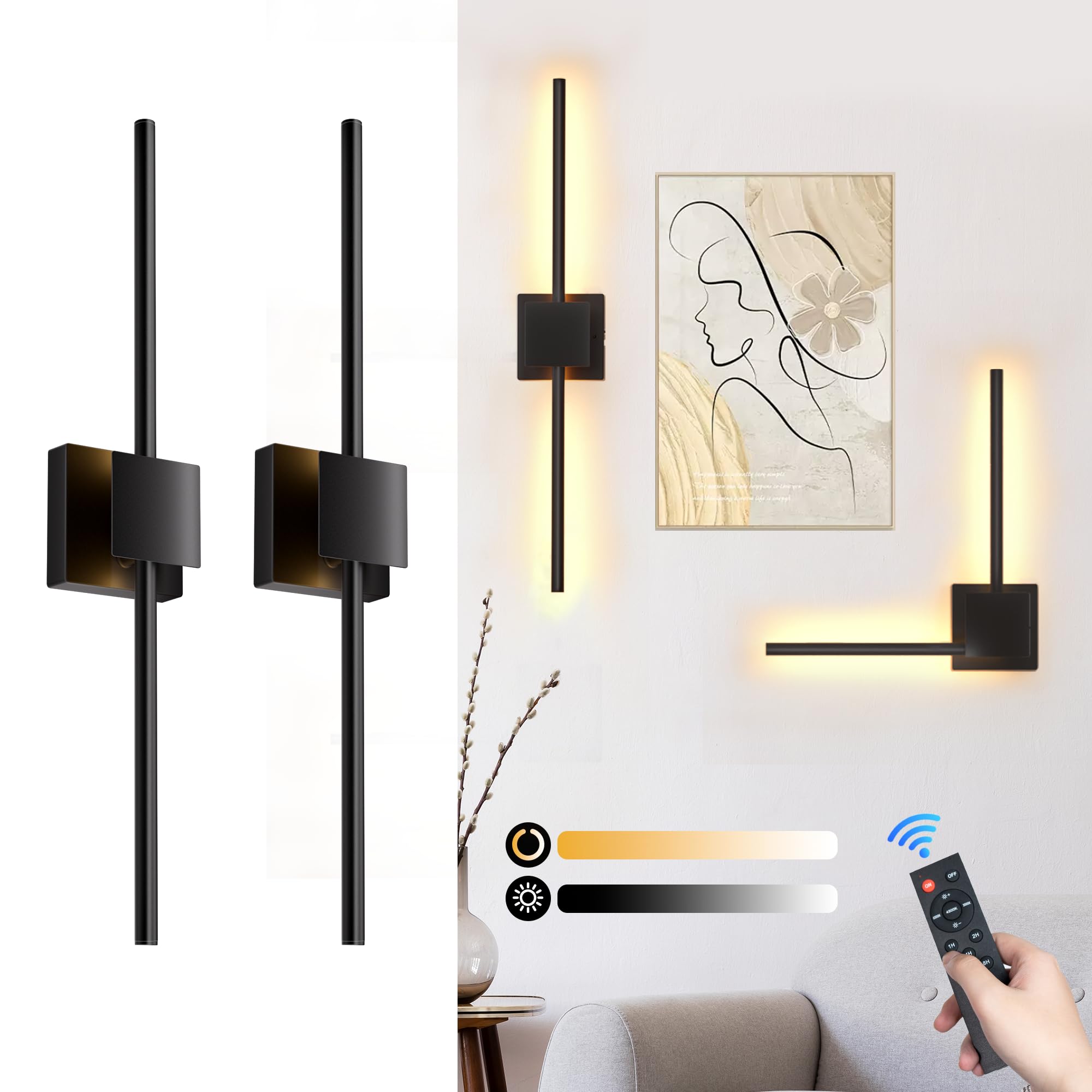 Battery Operated Wall Sconces Set of 2,  12000mAh Rotatable Picture Lights with Remote Control, Dimmable 3000-6500K LED Rechargeable Wall Lights for Living Room Bedroom Mirror, 28.3In