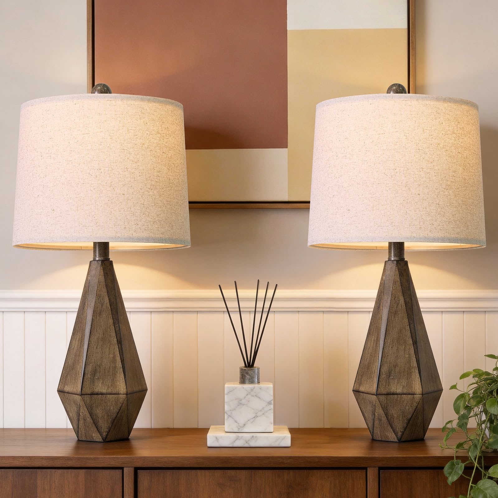 PoKat 23.5'' Table Lamps Set of 2 for Bedroom, Farmhouse Nightstand Lamps for Living Room, Rustic Bedside Lamps with Linen Lampshade for Side Table Office Hallway Entryway Dark Wood-Like (Brown)