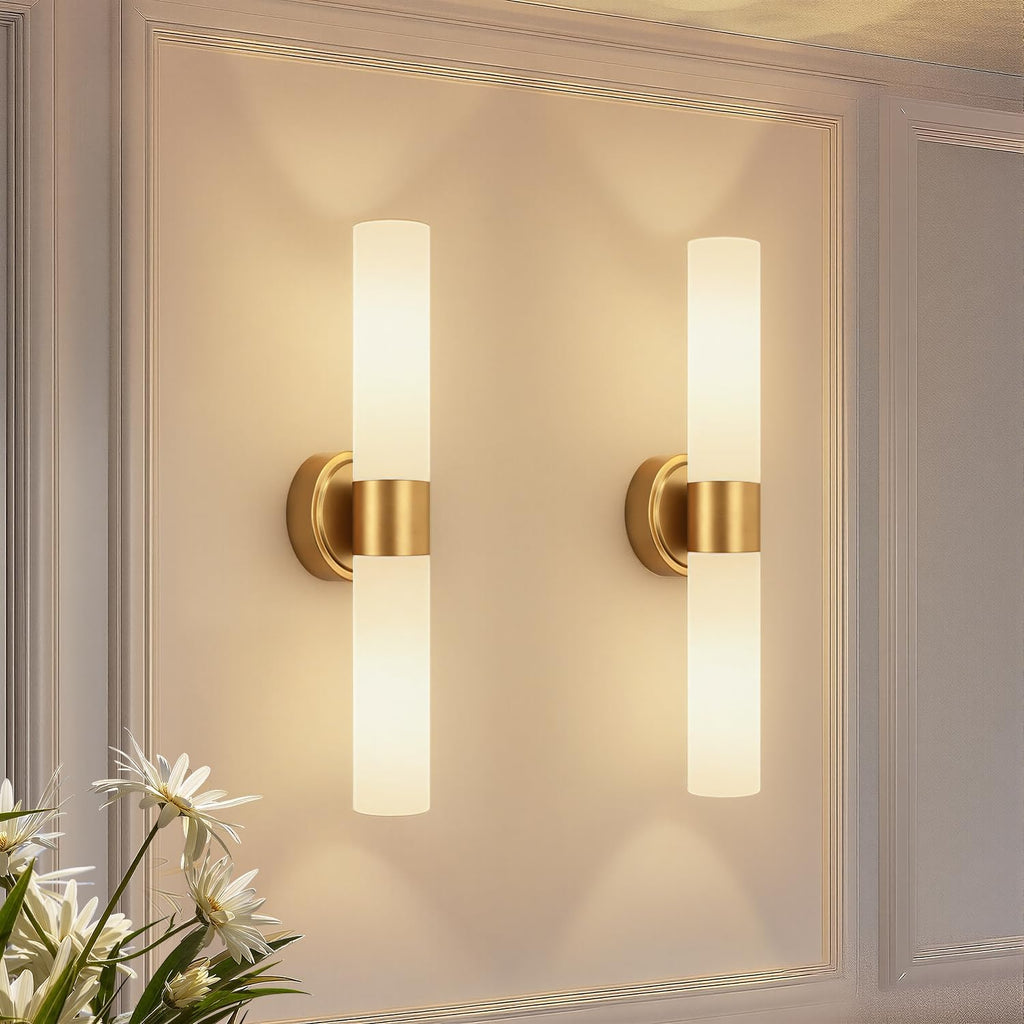Wall Sconces Set of Two, Modern Bathroom Sconces Wall Lighting with Milky White Glass, Brushed Gold Sconces Wall Decor Set of 2 for Bathroom Mirror Bedroom Living Room Hallway (HARDWIRED)