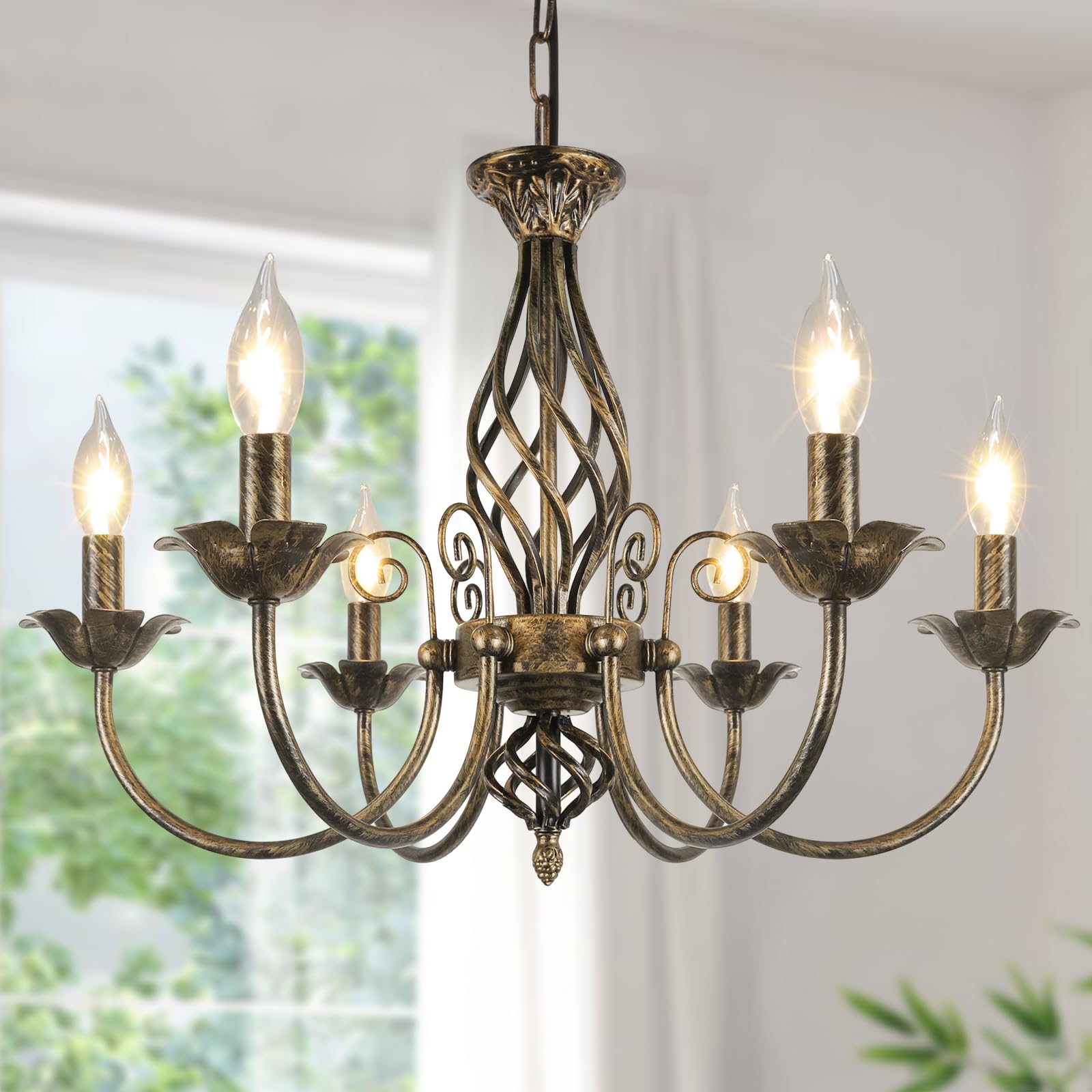 6-Light Farmhouse Candle Chandelier for Living Room, Rustic Industrial Pendant Ceiling Light fixture, Vintage Hanging Lamp for Bedroom Hallway Kitchen Dining Room Foyer, Matte Black E12 Socket
