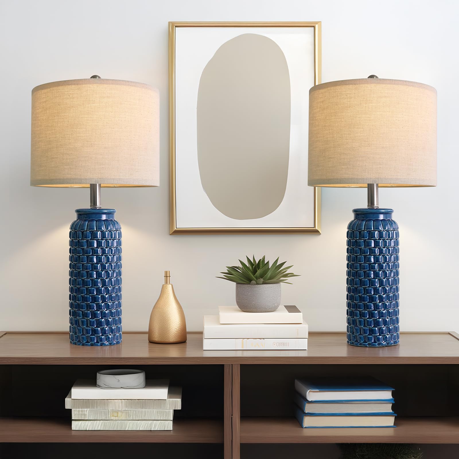 USumkky 20.5" White Modern Ceramic Bedside Lamp Set of 2 for Bedroom Decor Farmhouse Table Lamp for Living Room Office Dorm