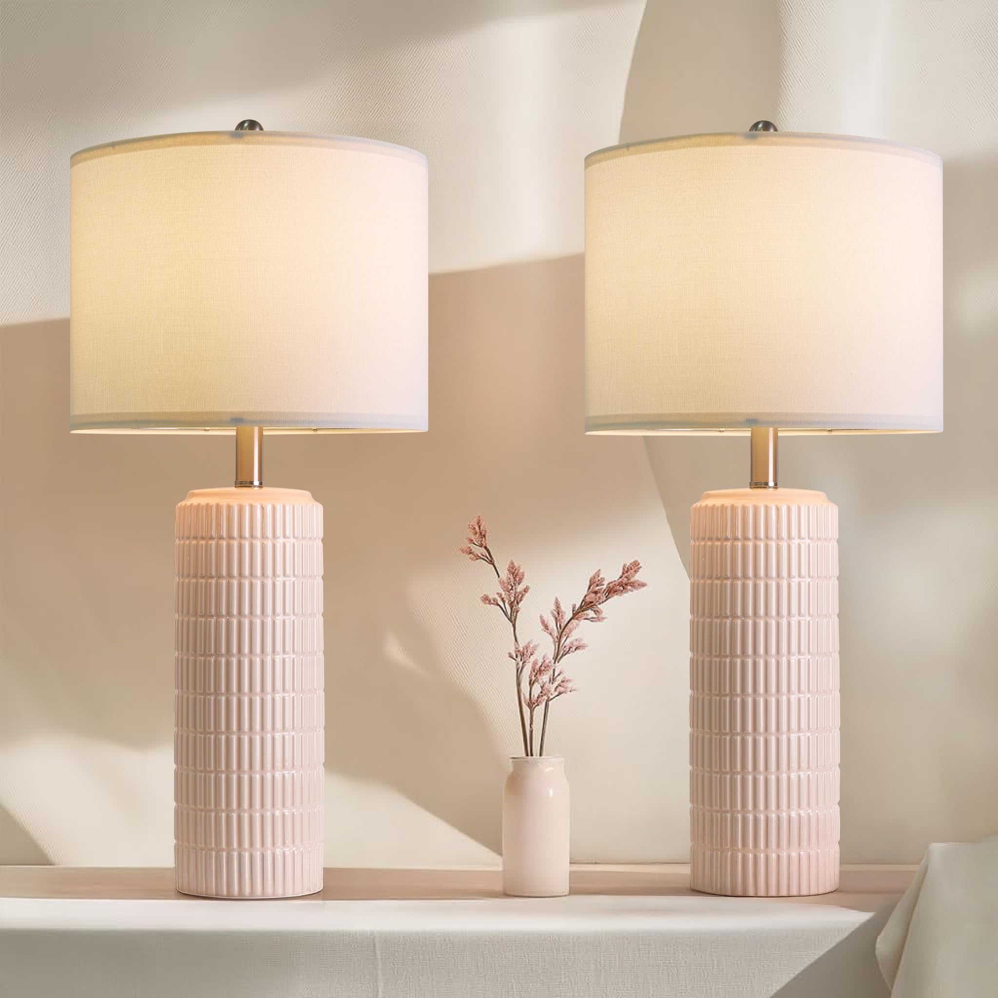 PoKat 23" Modern Ceramic Table Lamp Set of 2 for Living Room White Desk Lamps for Bedroom Farmhouse Bedside Nightstand Lamp House Warming Gifts New Home Decor End Table Lamps Gifts for Women Mom Beige