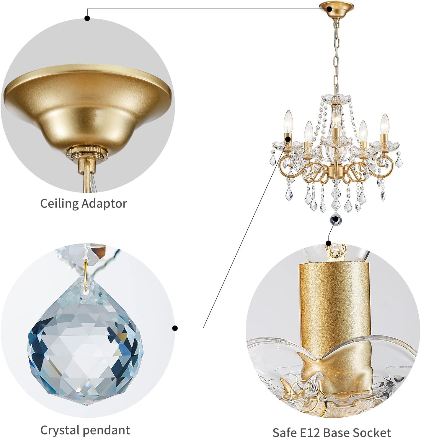 ANJIADENGSHI Mini Crystal Chandelier K9 Crystal Gold Chandelier for Living Room Bedroom Dining Room Kitchen Island Entryway 5 E12 Bulbs High 16.5 in x Diameter 16.9 in, Golden