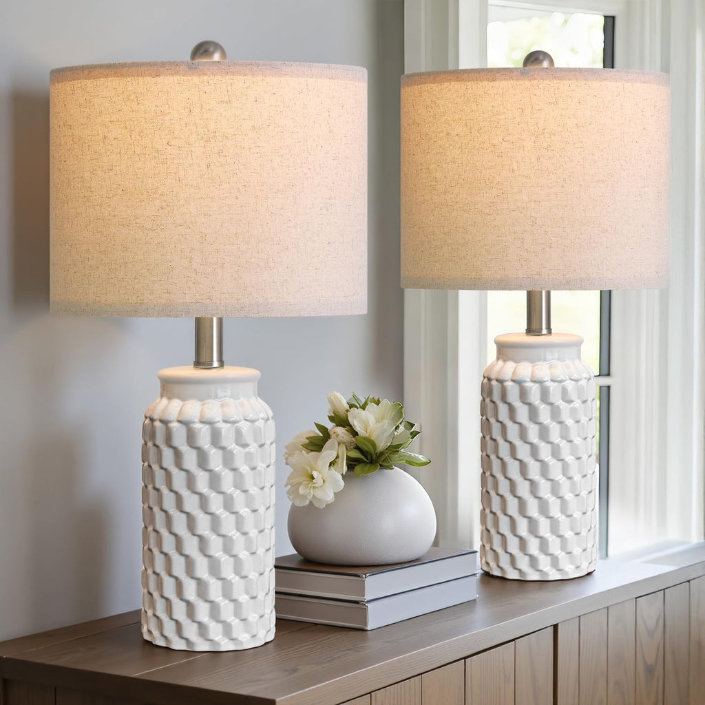 USumkky 20.5" White Modern Ceramic Bedside Lamp Set of 2 for Bedroom Decor Farmhouse Table Lamp for Living Room Office Dorm