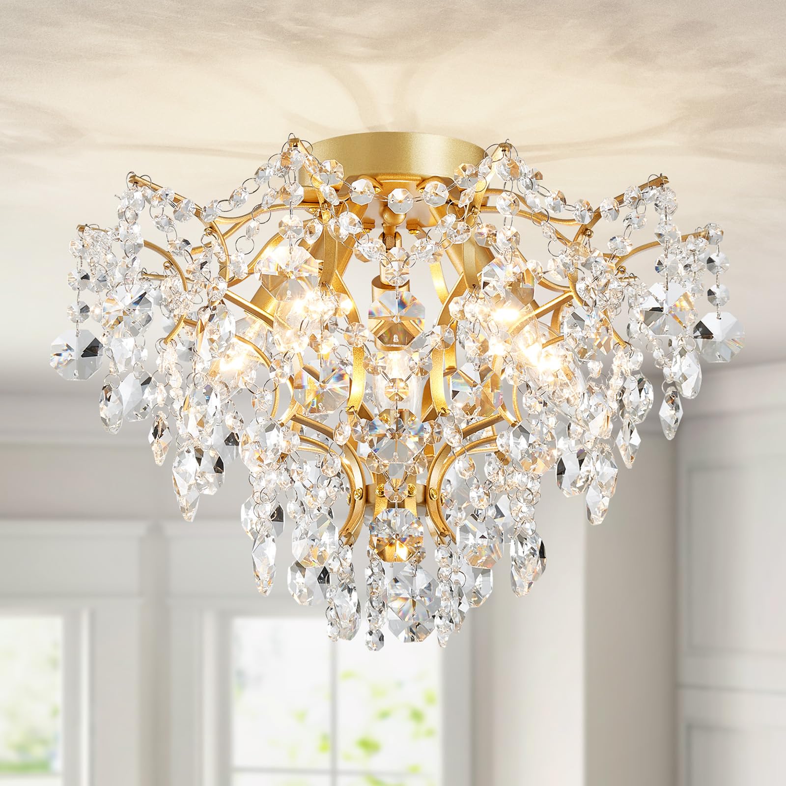 WUZUPS Crystal Chandelier 10-Light Pendant Ceiling Light Modern Lighting Fixture for Dining Room Hallway Bedroom Kitchen Bathroom, H 27.6" x W 22.8", E12 Base, Black