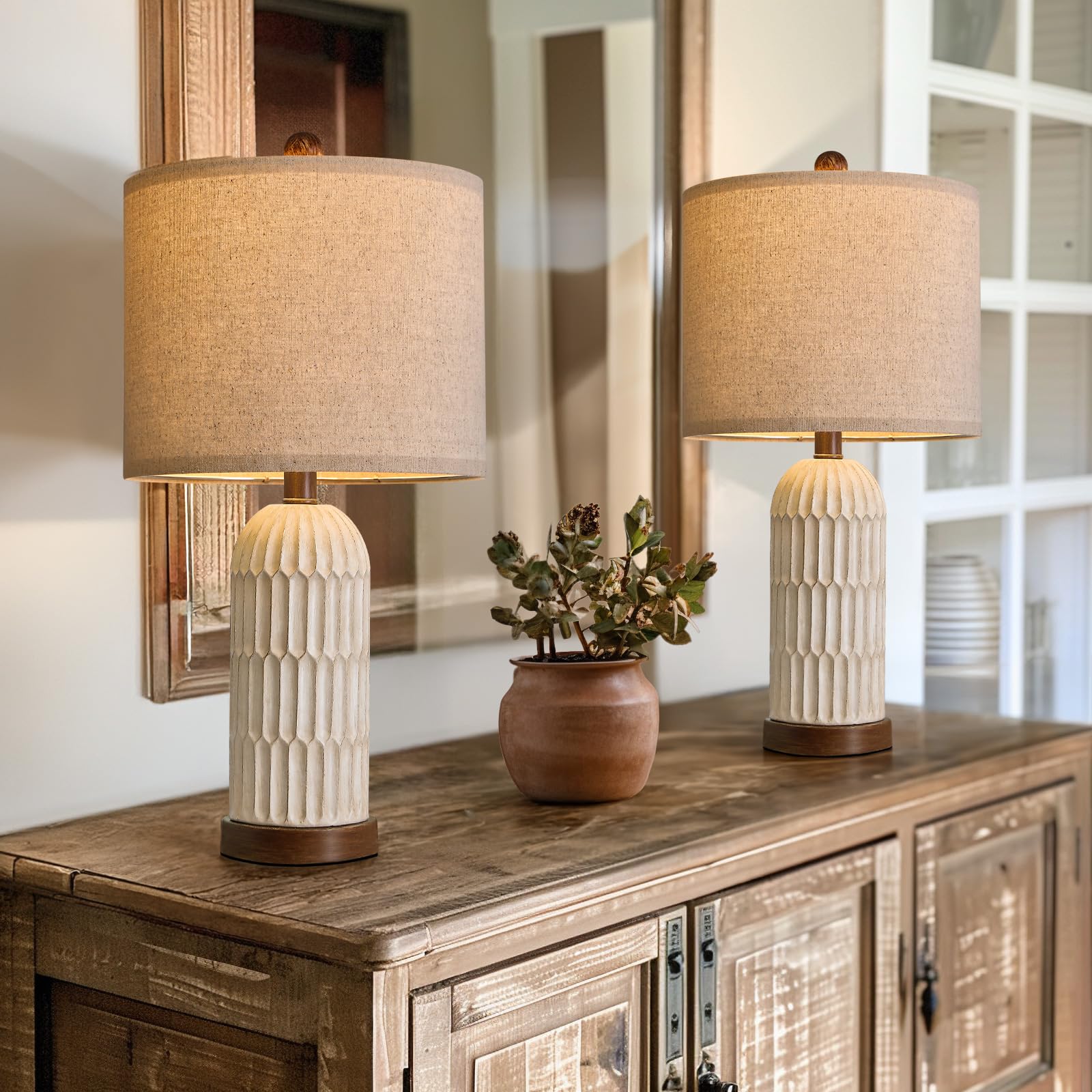 OYEARS 22.5" Table Lamp for Living Room,Retro Farmhouse Lamps for Nightstands Boho Bedroom Lamps Set of 2,with USB A+C Charging Ports,Beige and Brown