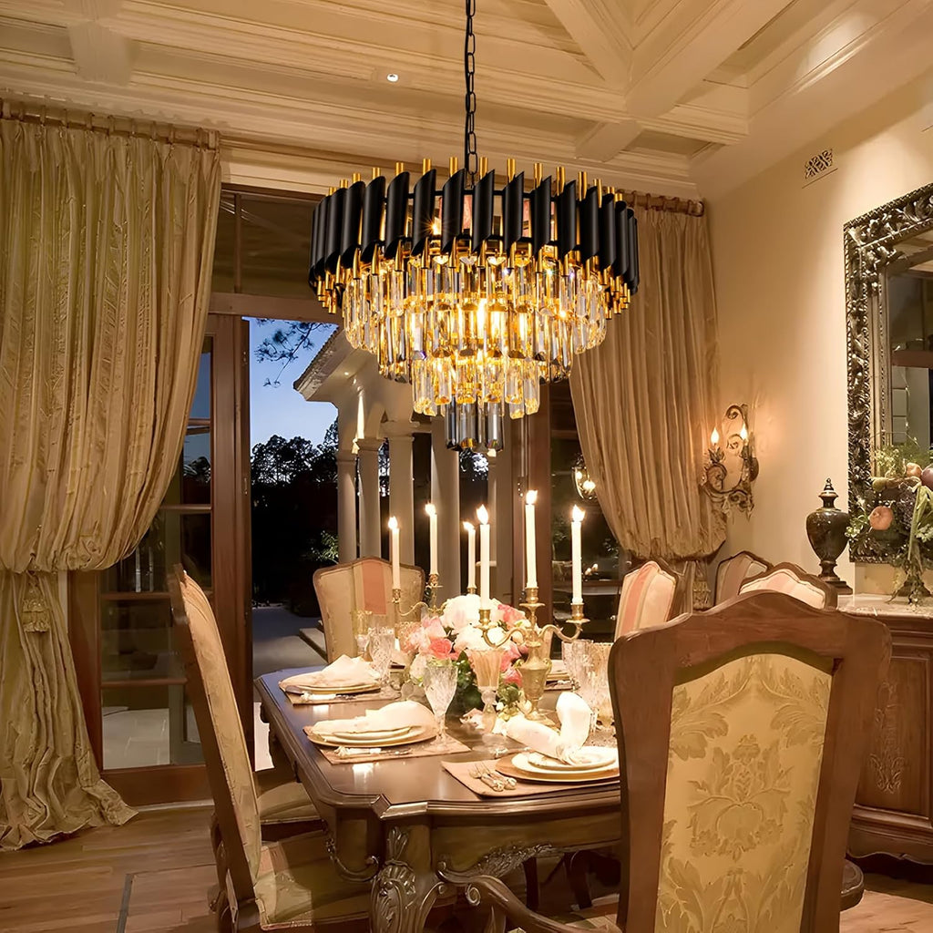 7-Light Modern Crystal Chandelier 20" Dining Room Light Fixtures 4 Tiers Flush Mount Smoke Grey and Gold Chandelier Round Chandeliers for Dining Room Living Room Kitchen Entryway Foyer