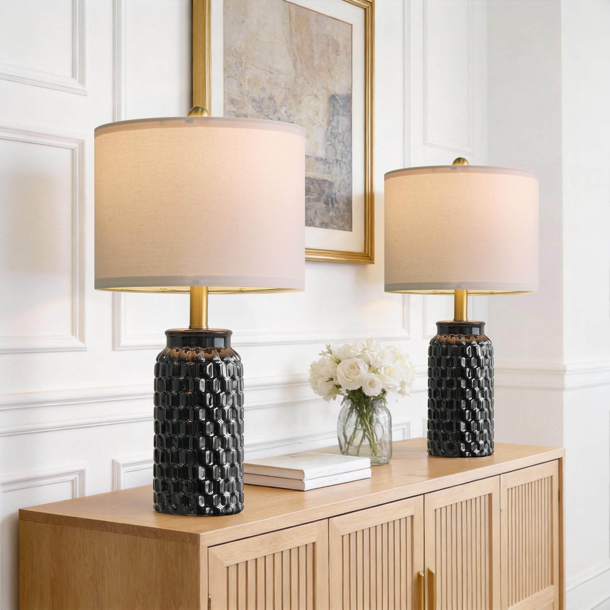 USumkky 20.5" White Modern Ceramic Bedside Lamp Set of 2 for Bedroom Decor Farmhouse Table Lamp for Living Room Office Dorm