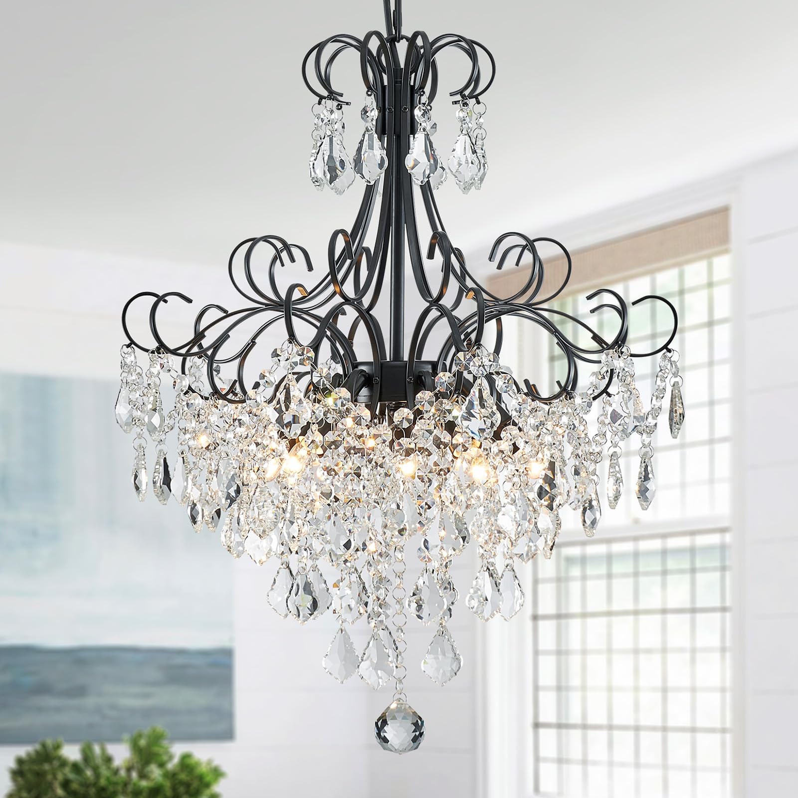 WUZUPS Crystal Chandelier 10-Light Pendant Ceiling Light Modern Lighting Fixture for Dining Room Hallway Bedroom Kitchen Bathroom, H 27.6" x W 22.8", E12 Base, Black