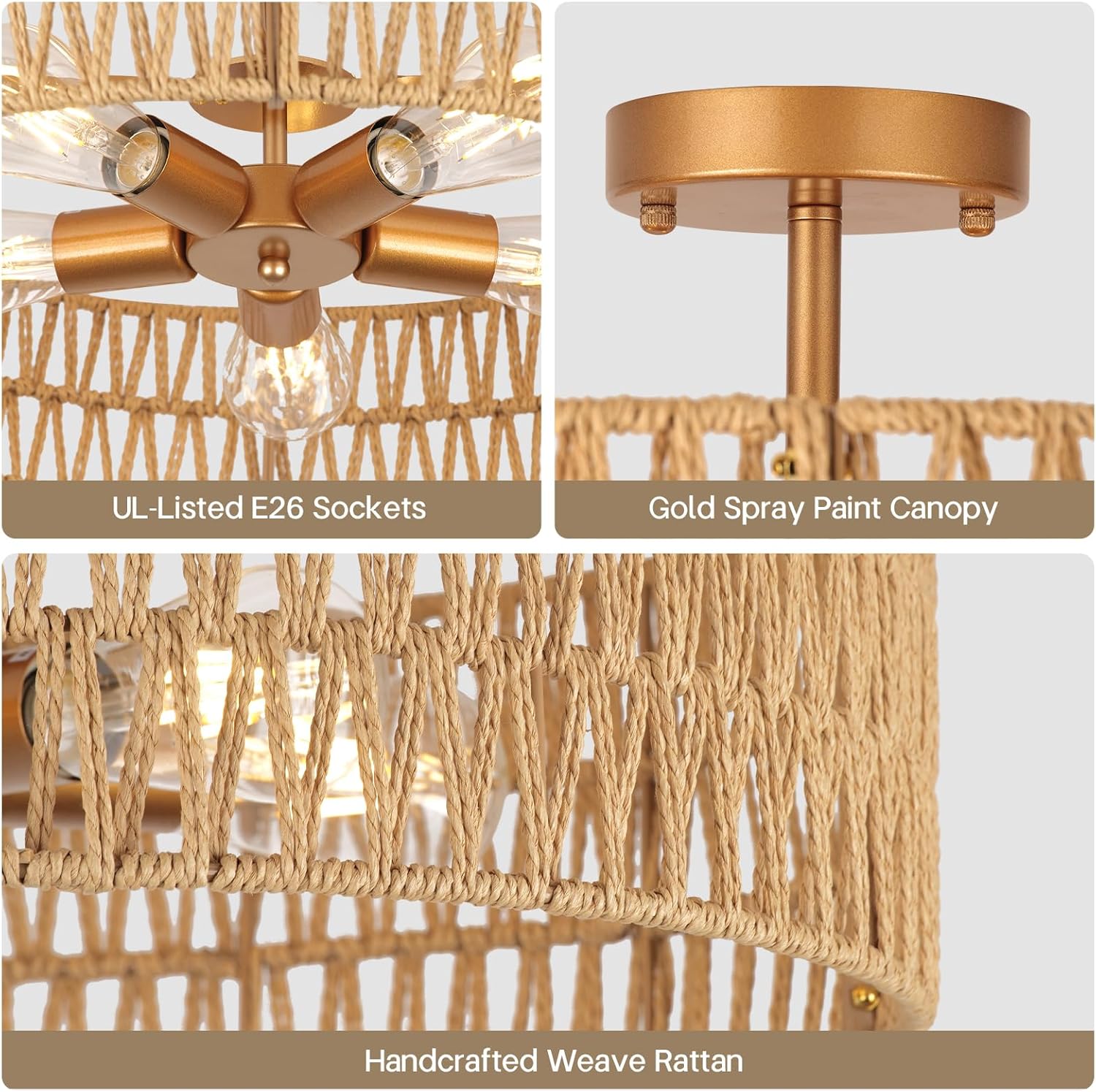 24” Boho Hand-Woven Rattan Wicker Ceiling Light, Large Semi Flush Mount Chandelier Fixture, Rustic Lighting for Living Room, Bedroom, Dining, Kitchen Island, Hallway, Entryway, Foyer