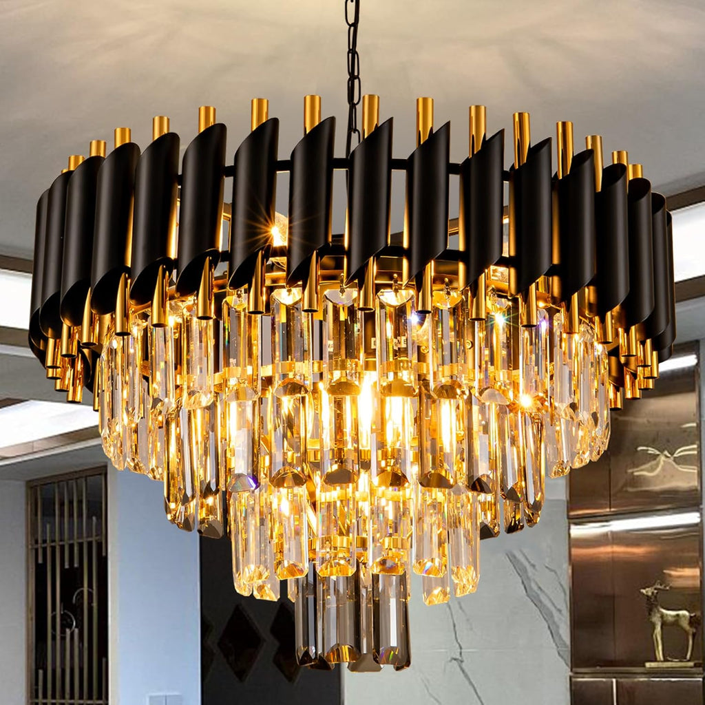 7-Light Modern Crystal Chandelier 20" Dining Room Light Fixtures 4 Tiers Flush Mount Smoke Grey and Gold Chandelier Round Chandeliers for Dining Room Living Room Kitchen Entryway Foyer