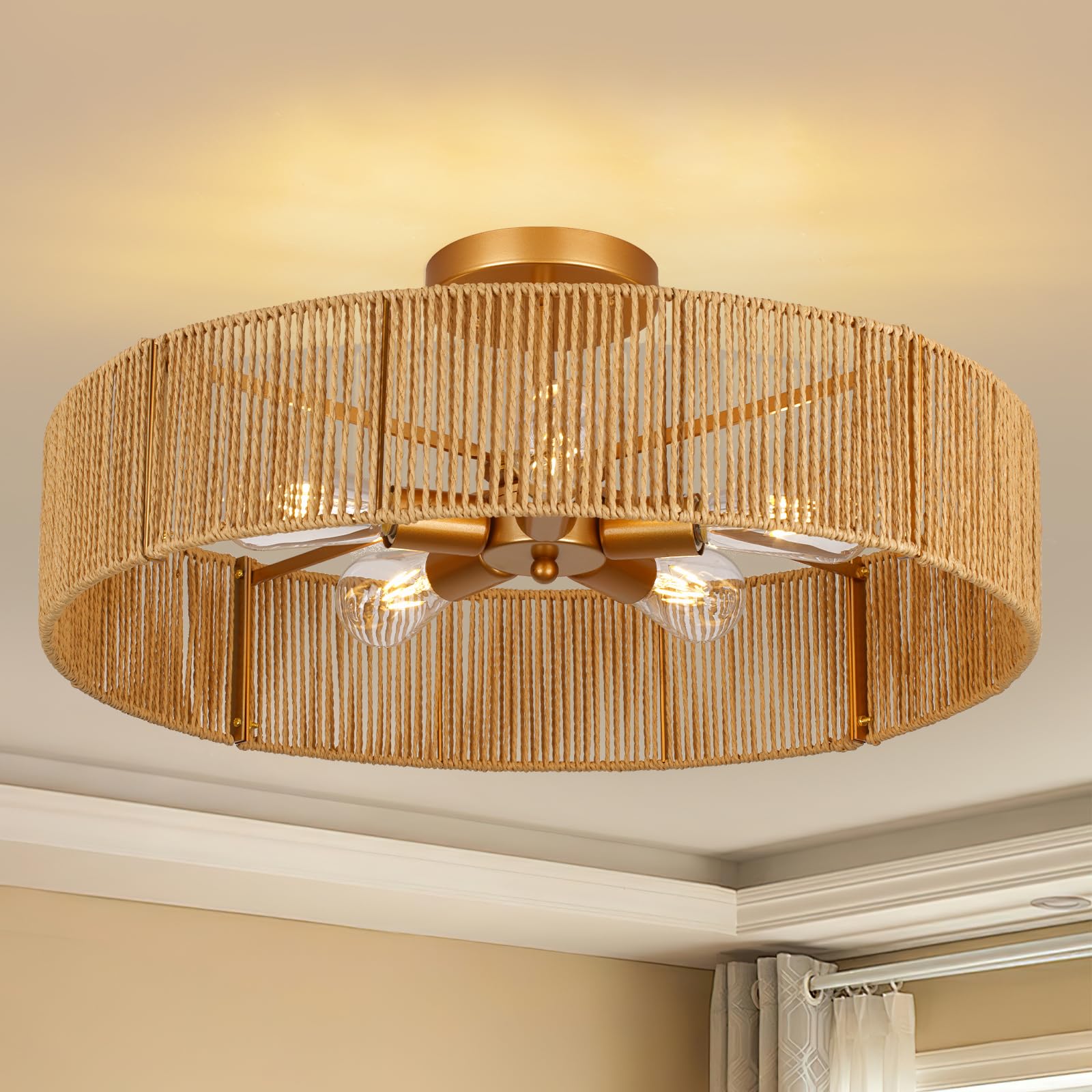 24” Boho Hand-Woven Rattan Wicker Ceiling Light, Large Semi Flush Mount Chandelier Fixture, Rustic Lighting for Living Room, Bedroom, Dining, Kitchen Island, Hallway, Entryway, Foyer