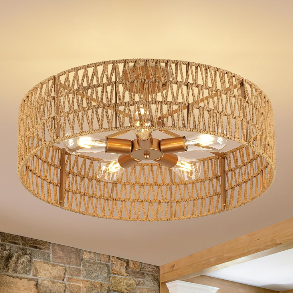 24” Boho Hand-Woven Rattan Wicker Ceiling Light, Large Semi Flush Mount Chandelier Fixture, Rustic Lighting for Living Room, Bedroom, Dining, Kitchen Island, Hallway, Entryway, Foyer