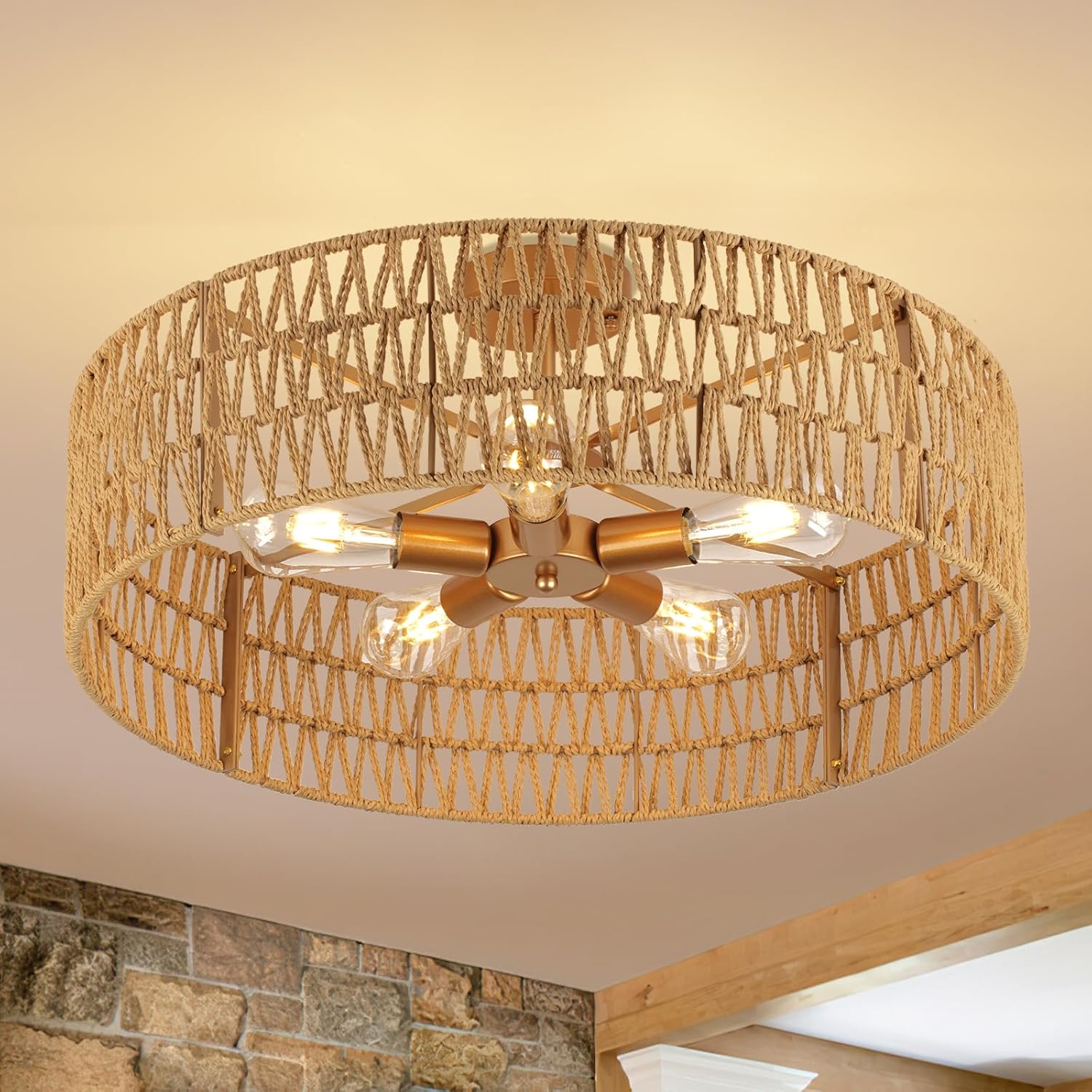 24” Boho Hand-Woven Rattan Wicker Ceiling Light, Large Semi Flush Mount Chandelier Fixture, Rustic Lighting for Living Room, Bedroom, Dining, Kitchen Island, Hallway, Entryway, Foyer