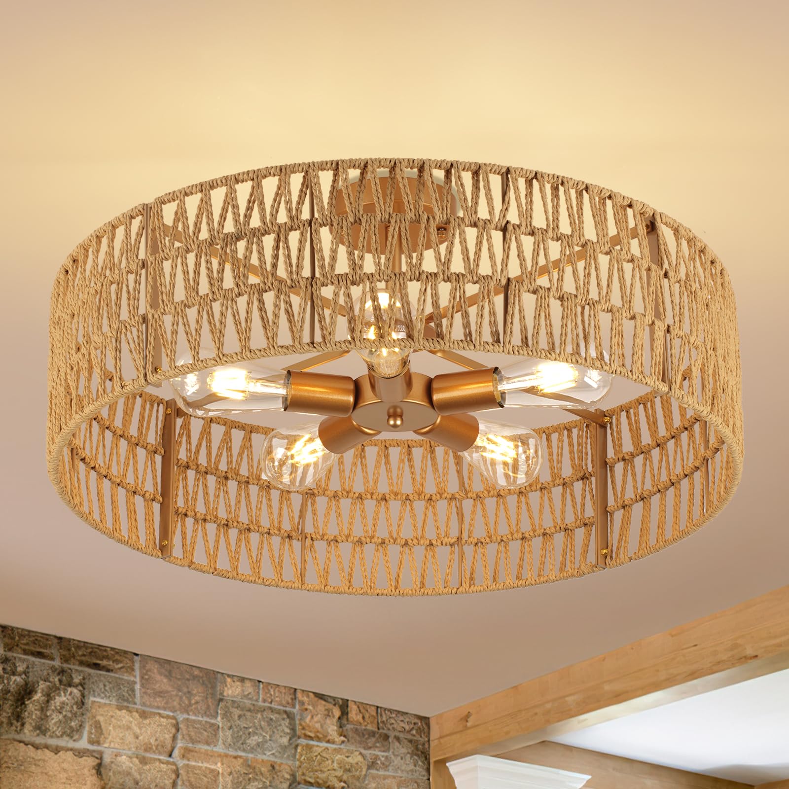 24” Boho Hand-Woven Rattan Wicker Ceiling Light, Large Semi Flush Mount Chandelier Fixture, Rustic Lighting for Living Room, Bedroom, Dining, Kitchen Island, Hallway, Entryway, Foyer