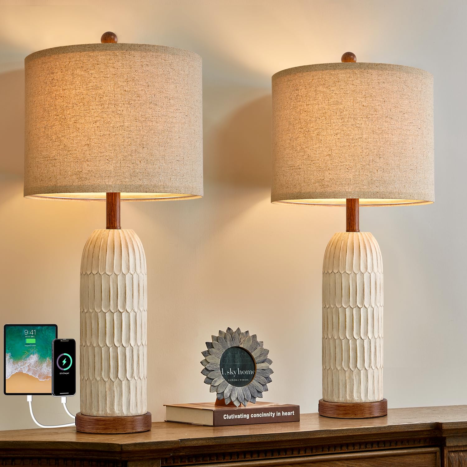 OYEARS 22.5" Table Lamp for Living Room,Retro Farmhouse Lamps for Nightstands Boho Bedroom Lamps Set of 2,with USB A+C Charging Ports,Beige and Brown