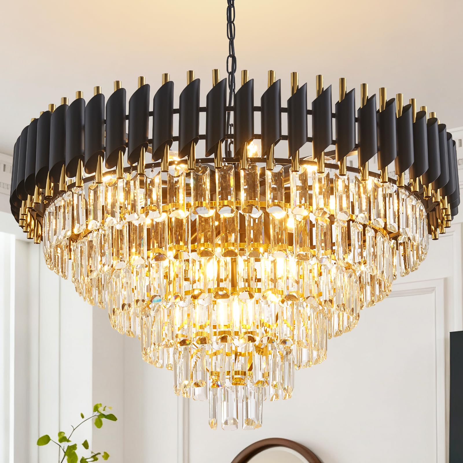 7-Light Modern Crystal Chandelier 20" Dining Room Light Fixtures 4 Tiers Flush Mount Smoke Grey and Gold Chandelier Round Chandeliers for Dining Room Living Room Kitchen Entryway Foyer