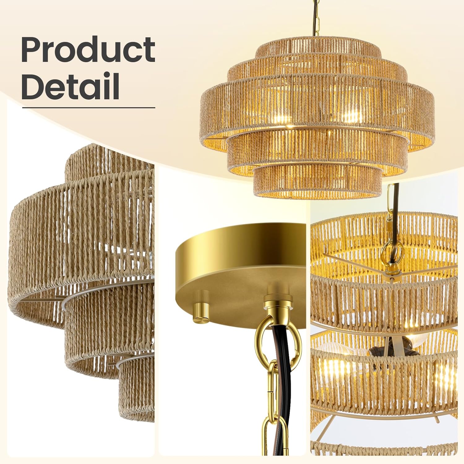 BoostArea 5-Tier Boho Chandelier Light Fixture,20" Hand Woven Pendant Lights Kitchen Island,Large Farmhouse Pendant Light for Kitchen,Dining Room,Hallway, Foyer