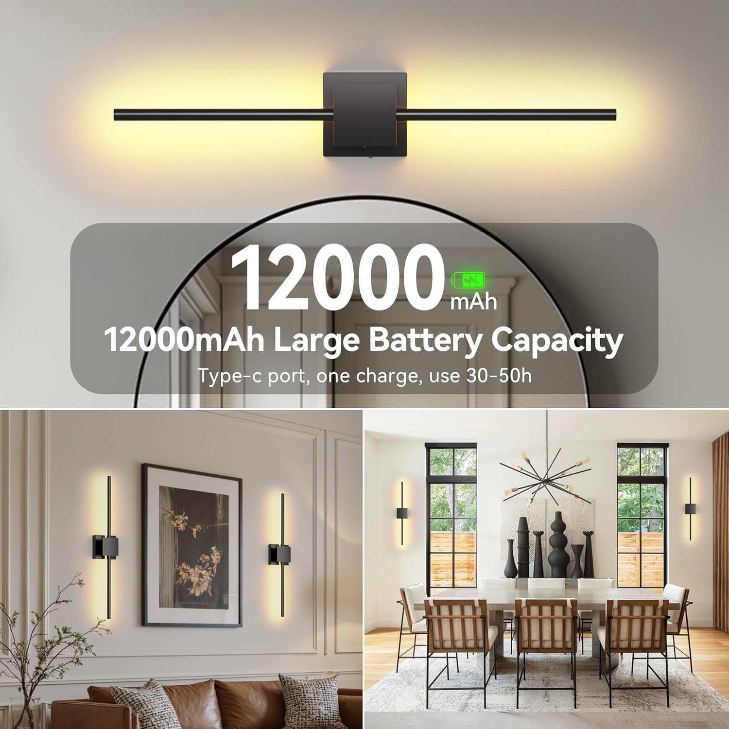 Battery Operated Wall Sconces Set of 2,  12000mAh Rotatable Picture Lights with Remote Control, Dimmable 3000-6500K LED Rechargeable Wall Lights for Living Room Bedroom Mirror, 28.3In