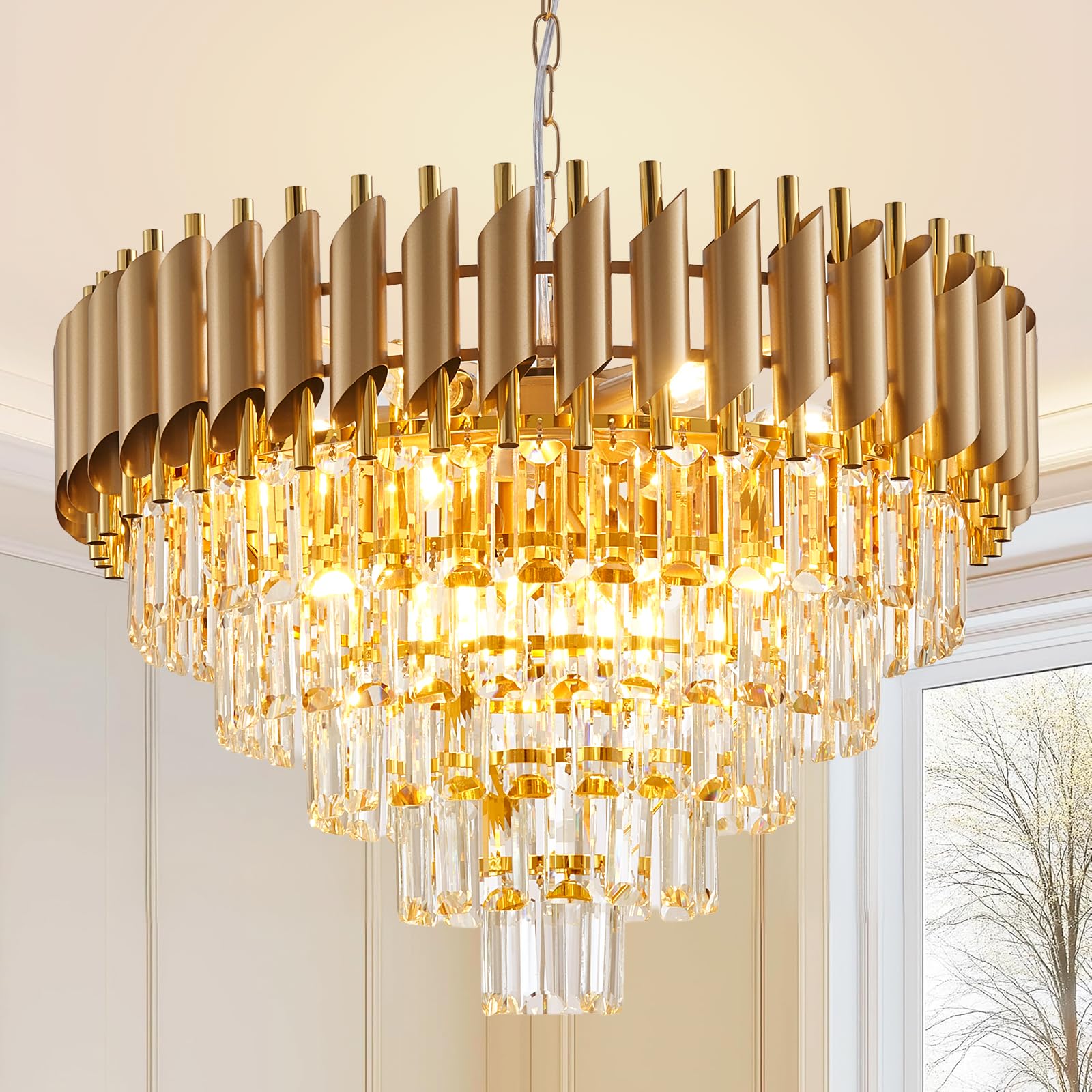 7-Light Modern Crystal Chandelier 20" Dining Room Light Fixtures 4 Tiers Flush Mount Smoke Grey and Gold Chandelier Round Chandeliers for Dining Room Living Room Kitchen Entryway Foyer