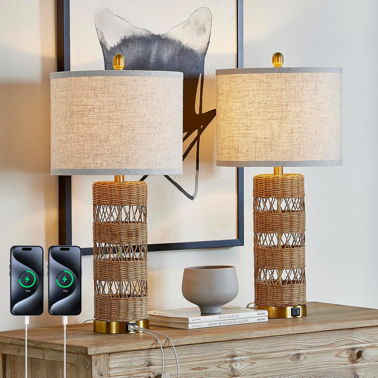 Natural Solid-Color Rattan Table Lamps Set of 2-28" Rustic Bedside Lamps for Nightstand,bedrooms, Living Rooms, or entryways & Rotary Switch,Bulbs in