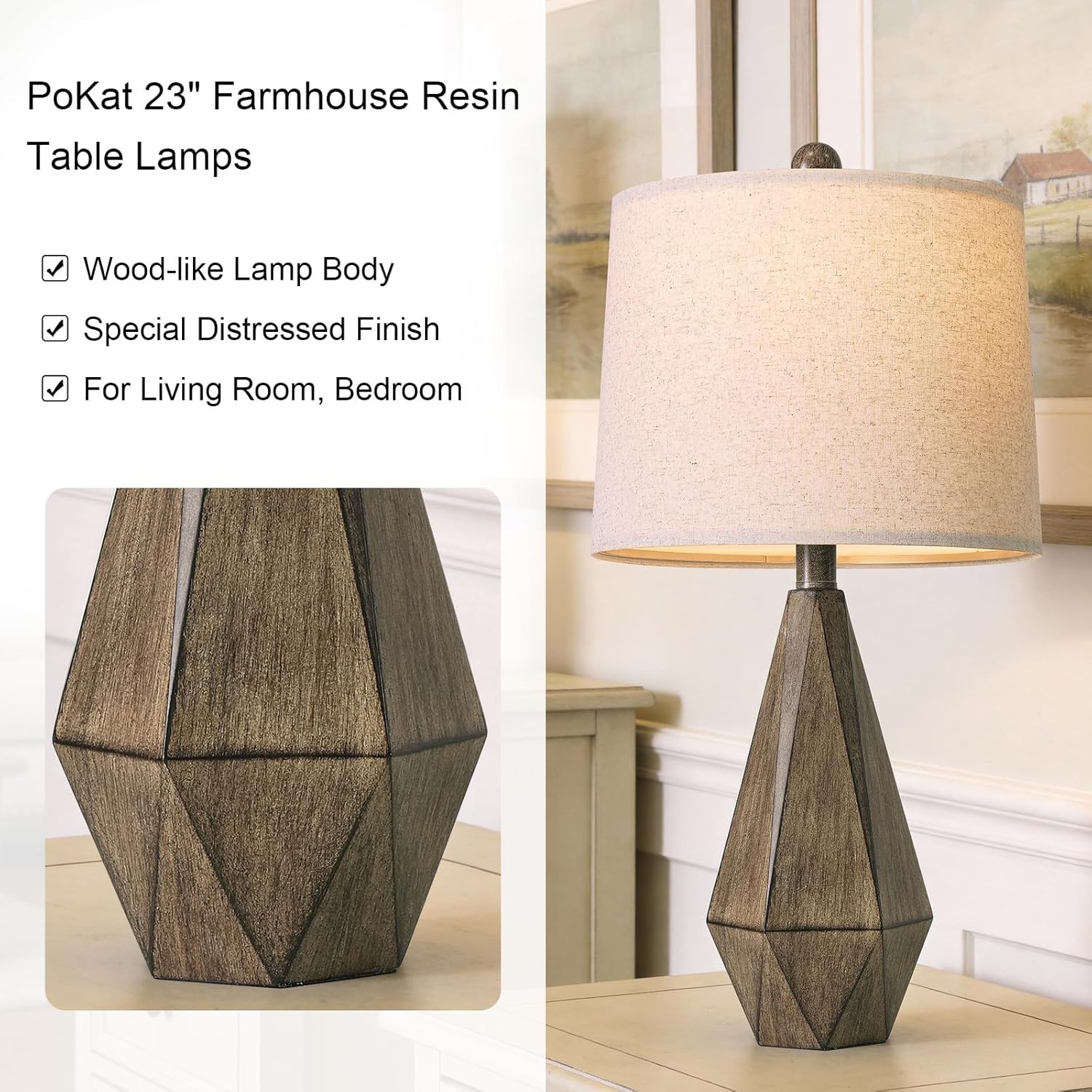 PoKat 23.5'' Table Lamps Set of 2 for Bedroom, Farmhouse Nightstand Lamps for Living Room, Rustic Bedside Lamps with Linen Lampshade for Side Table Office Hallway Entryway Dark Wood-Like (Brown)