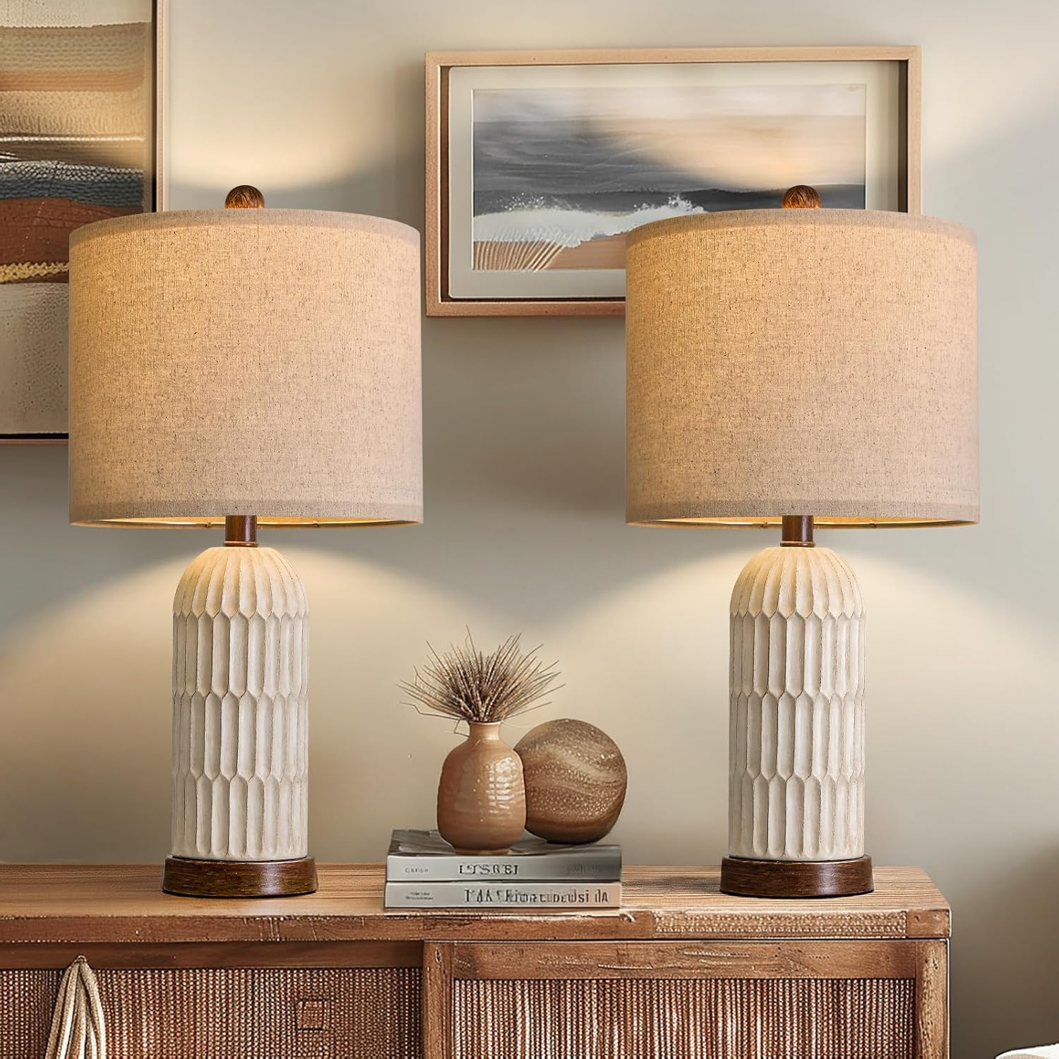 OYEARS 22.5" Table Lamp for Living Room,Retro Farmhouse Lamps for Nightstands Boho Bedroom Lamps Set of 2,with USB A+C Charging Ports,Beige and Brown