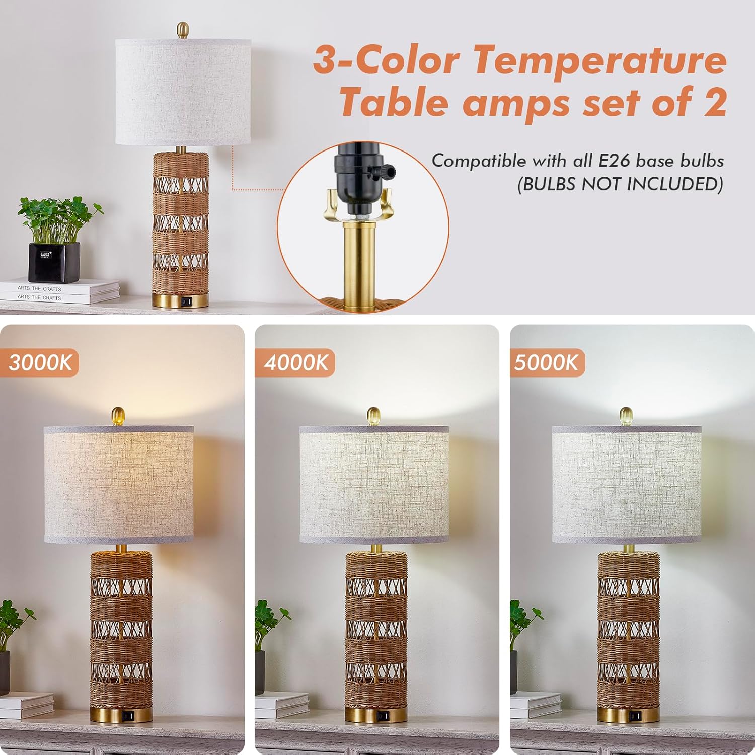 Natural Solid-Color Rattan Table Lamps Set of 2-28" Rustic Bedside Lamps for Nightstand,bedrooms, Living Rooms, or entryways & Rotary Switch,Bulbs in