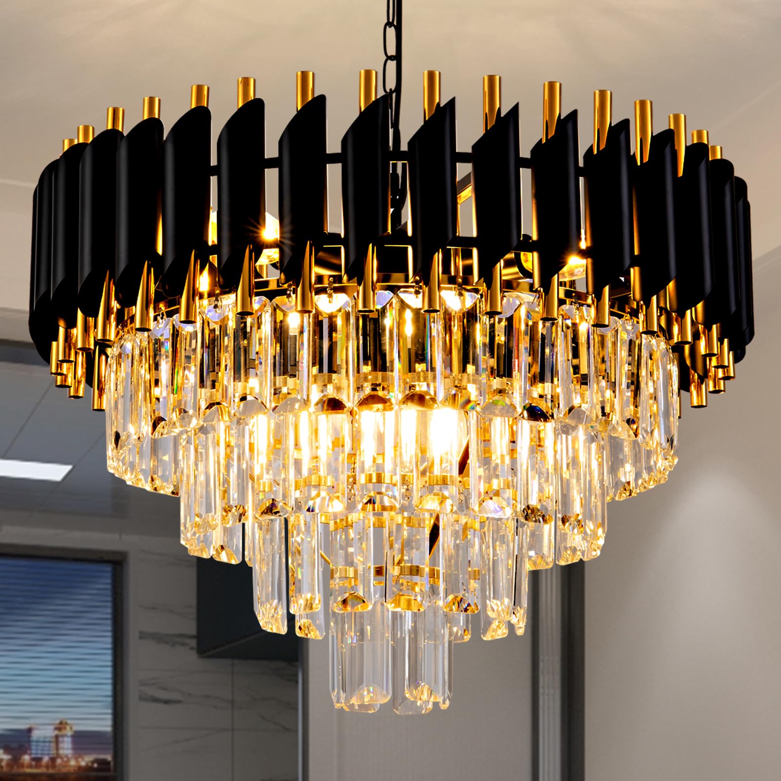 7-Light Modern Crystal Chandelier 20" Dining Room Light Fixtures 4 Tiers Flush Mount Smoke Grey and Gold Chandelier Round Chandeliers for Dining Room Living Room Kitchen Entryway Foyer