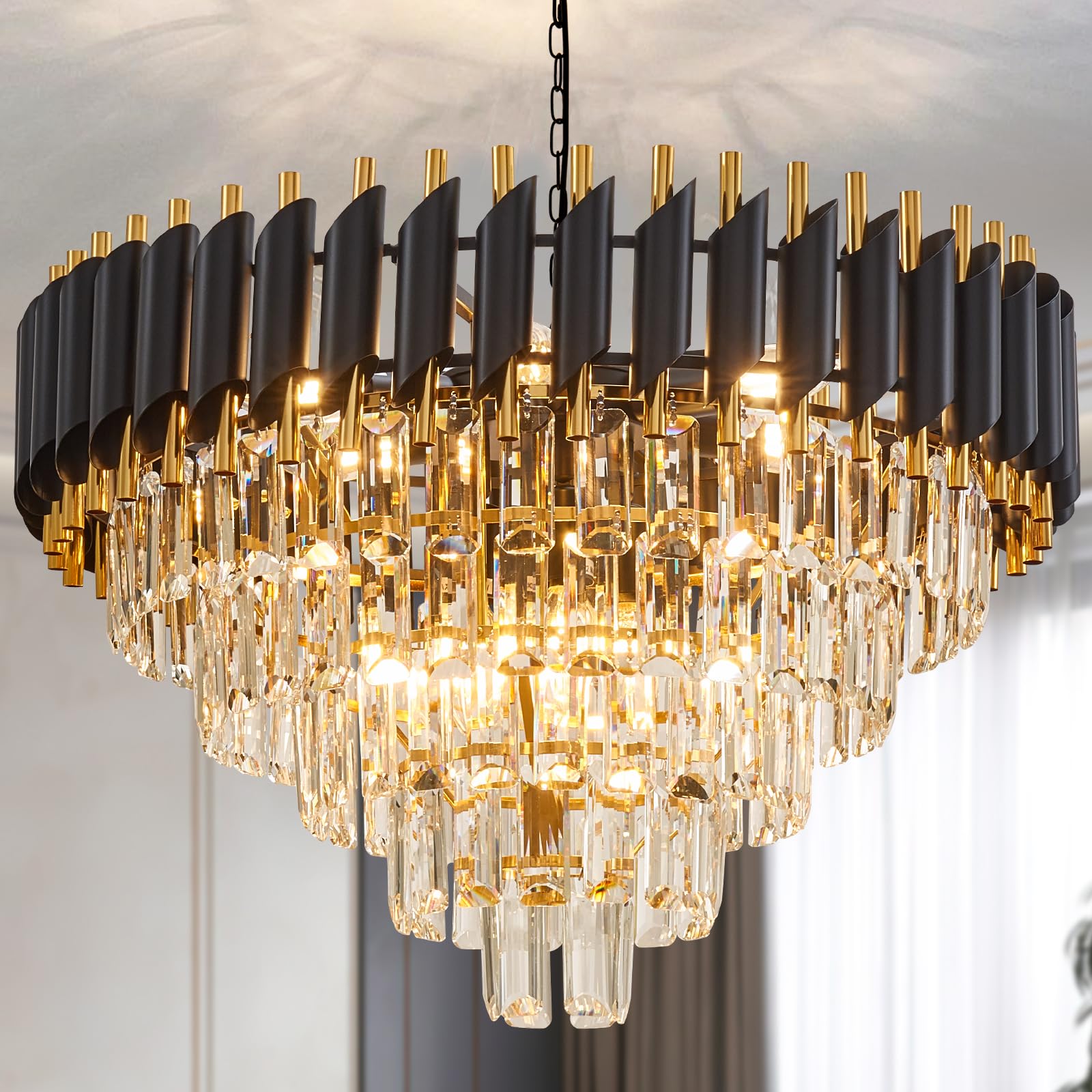 7-Light Modern Crystal Chandelier 20" Dining Room Light Fixtures 4 Tiers Flush Mount Smoke Grey and Gold Chandelier Round Chandeliers for Dining Room Living Room Kitchen Entryway Foyer