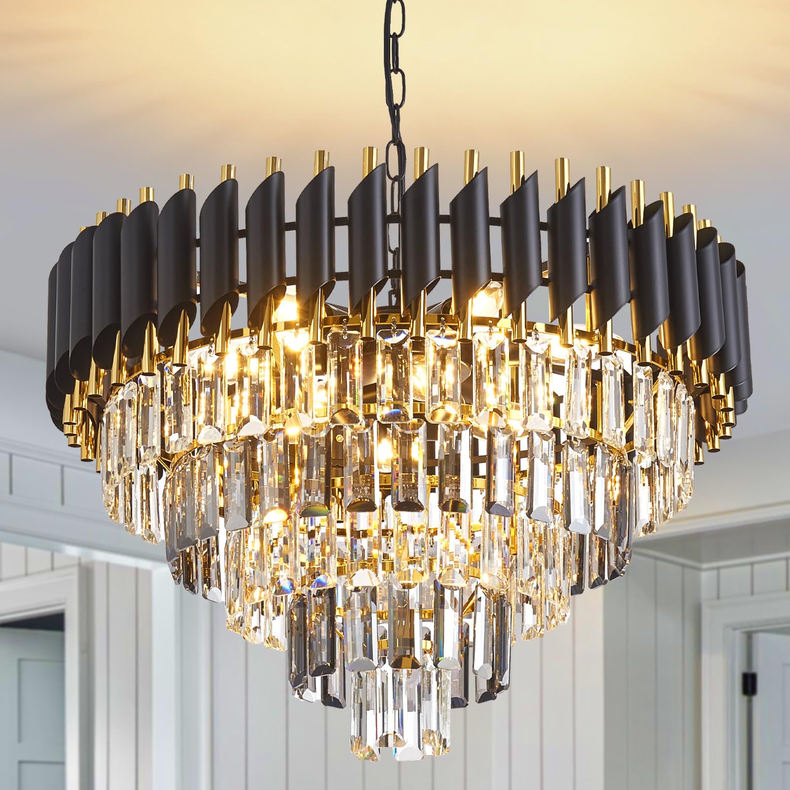 7-Light Modern Crystal Chandelier 20" Dining Room Light Fixtures 4 Tiers Flush Mount Smoke Grey and Gold Chandelier Round Chandeliers for Dining Room Living Room Kitchen Entryway Foyer