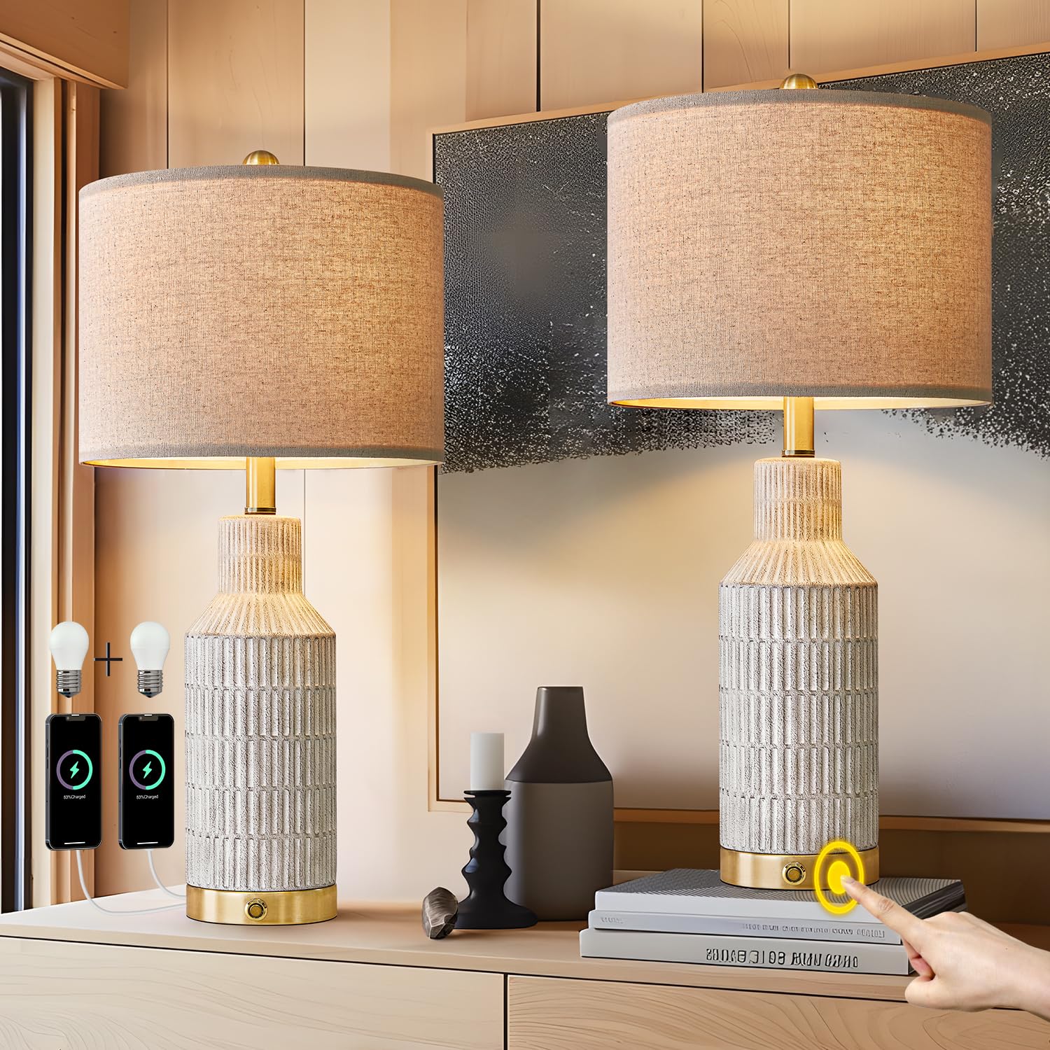 USumkky 25" Table Lamps Set of 2 - Modern Bedside Lamps for Living Room - White Washed Ceramic Nightstand Lamps for Bedroom