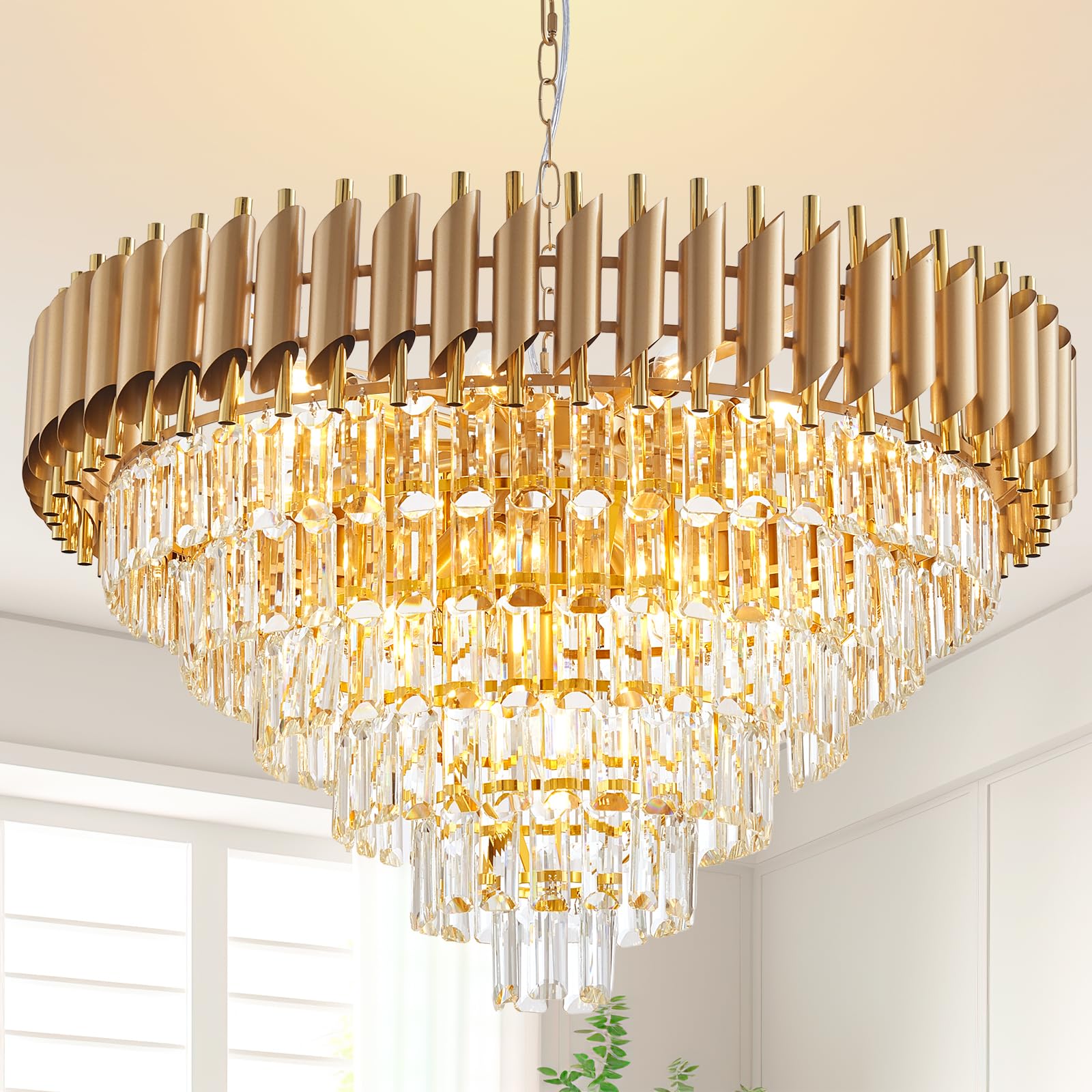 7-Light Modern Crystal Chandelier 20" Dining Room Light Fixtures 4 Tiers Flush Mount Smoke Grey and Gold Chandelier Round Chandeliers for Dining Room Living Room Kitchen Entryway Foyer