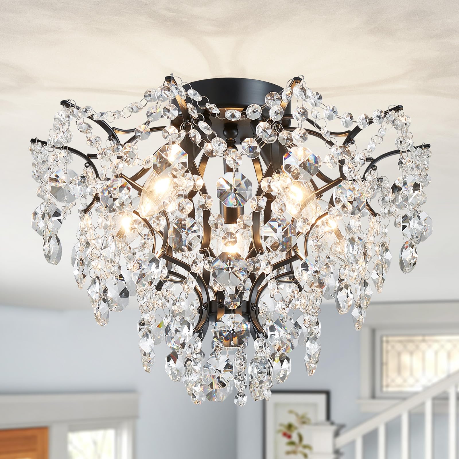 WUZUPS Crystal Chandelier 10-Light Pendant Ceiling Light Modern Lighting Fixture for Dining Room Hallway Bedroom Kitchen Bathroom, H 27.6" x W 22.8", E12 Base, Black