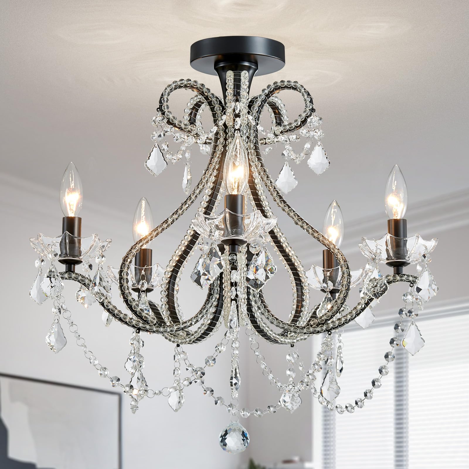 WUZUPS Crystal Chandelier 10-Light Pendant Ceiling Light Modern Lighting Fixture for Dining Room Hallway Bedroom Kitchen Bathroom, H 27.6" x W 22.8", E12 Base, Black