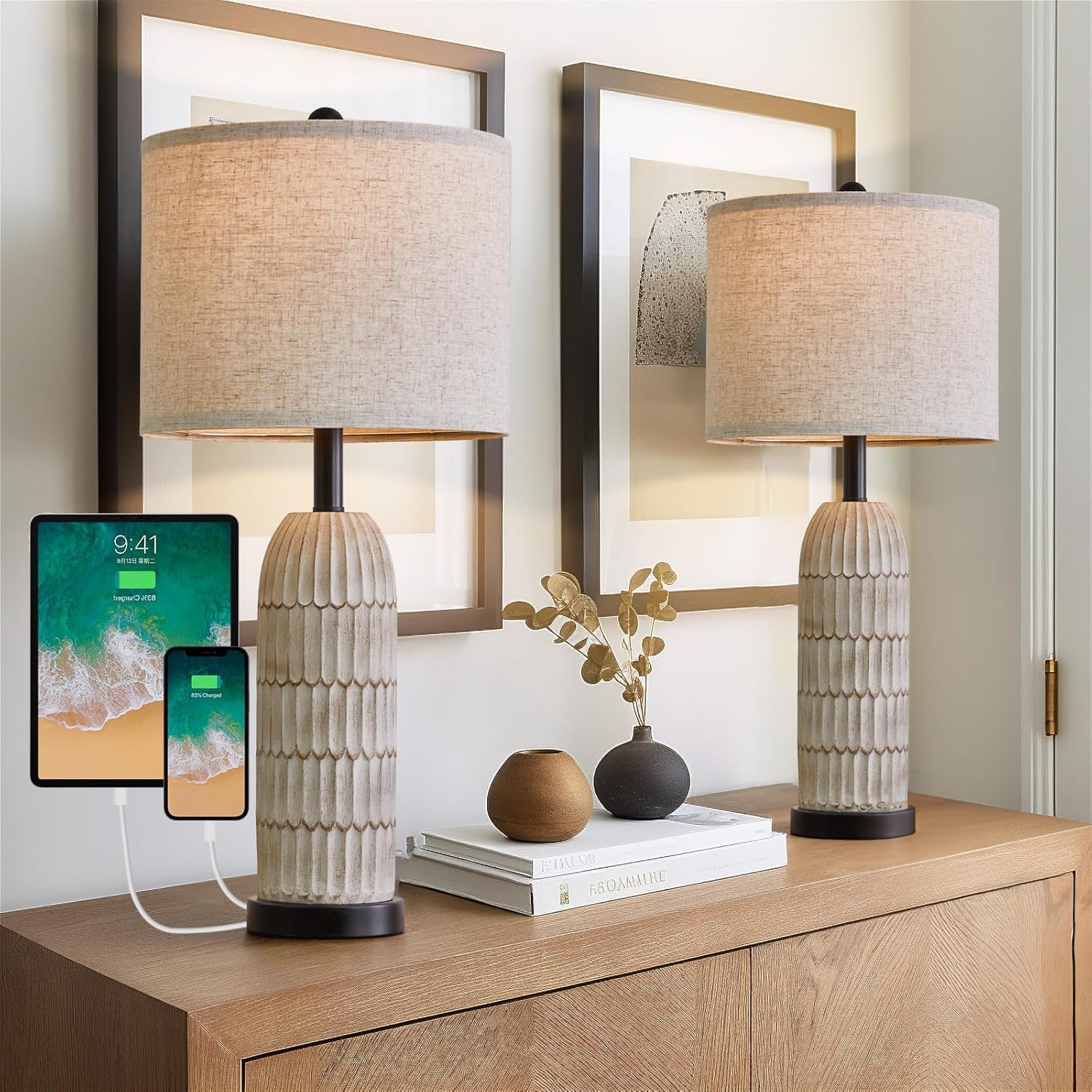 OYEARS 22.5" Table Lamp for Living Room,Retro Farmhouse Lamps for Nightstands Boho Bedroom Lamps Set of 2,with USB A+C Charging Ports,Beige and Brown